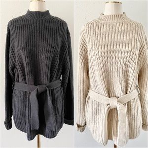 ZARA Women's Size Medium Lot of 2 Gray + Ivory Belted Tunic Chunky Knit Sweater